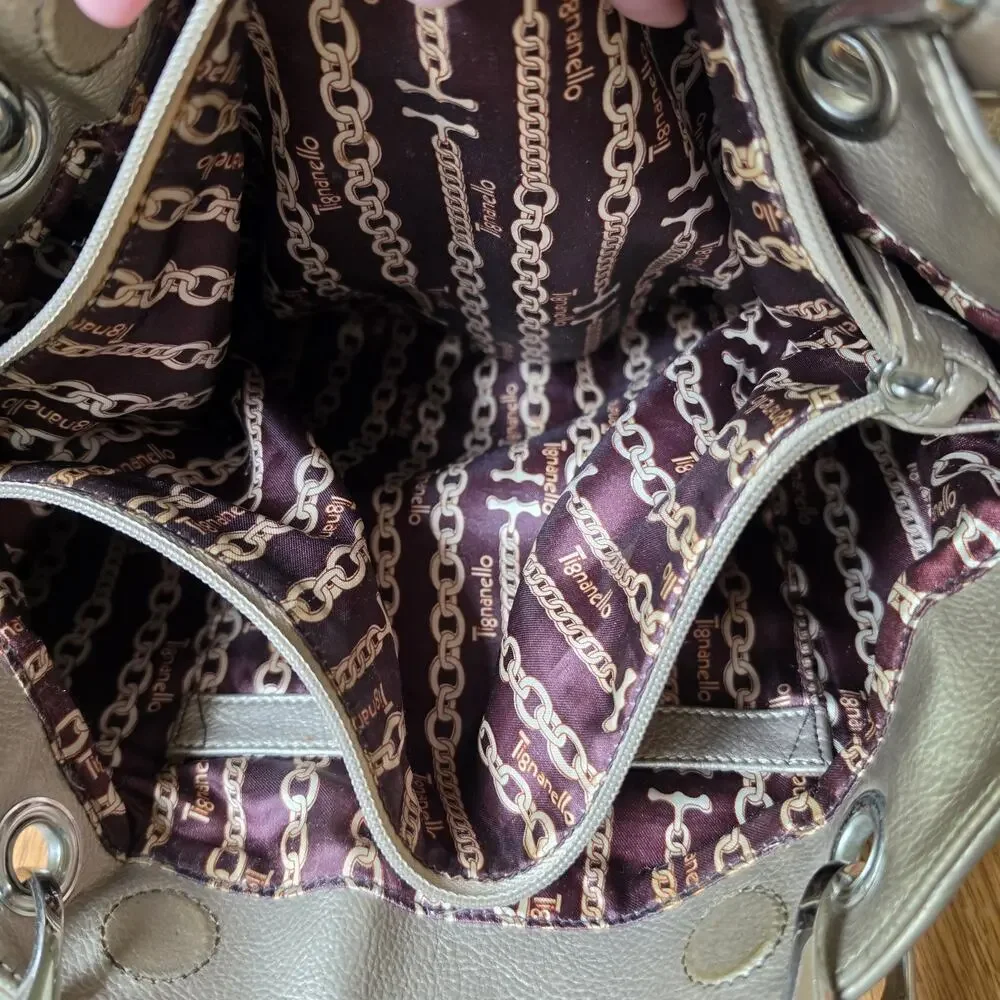 Tignanello Purse Metallic Gold Pebble Leather Handbag Tote Shoulder Bag READ